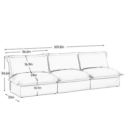 Divano moderno imbottito modulare senza braccioli a 3 posti, divano a 3 posti con seduta profonda, divano senza braccioli, combinazione libera