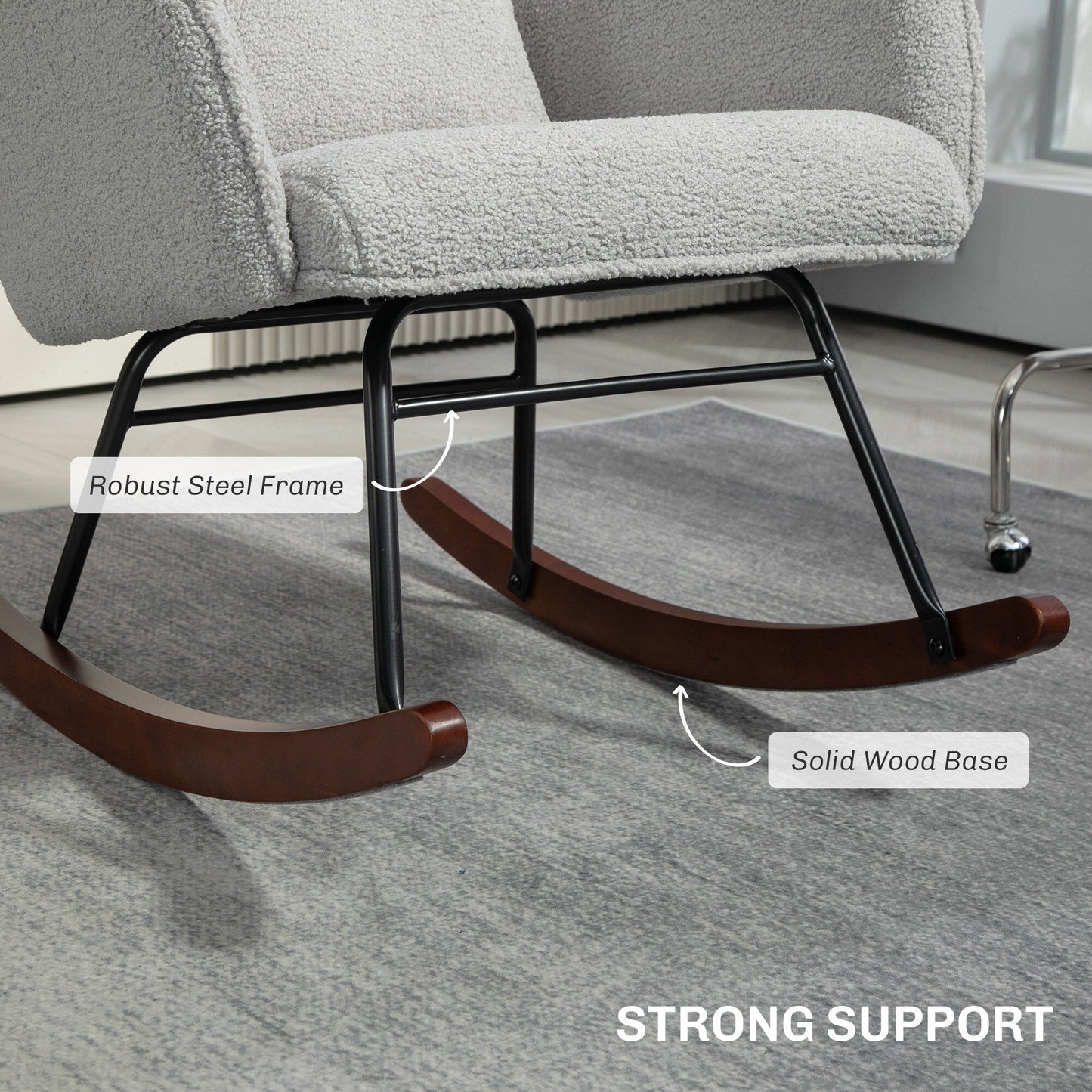 Moderna poltrona a dondolo imbottita per bambini con schienale alto, poggiatesta e cuscino lombare per soggiorno o camera da letto