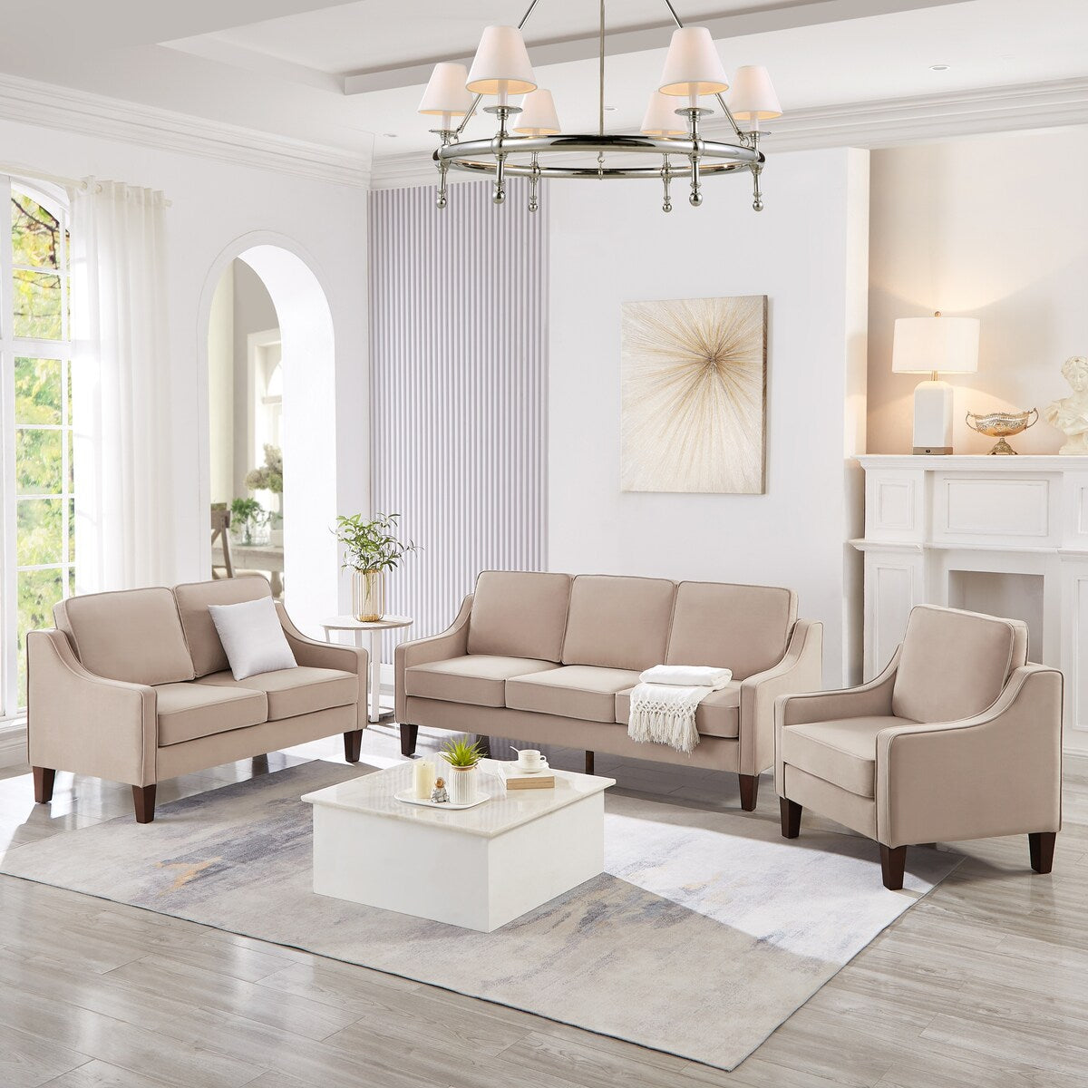 Divano moderno imbottito con cuscini rimovibili e braccioli curvi