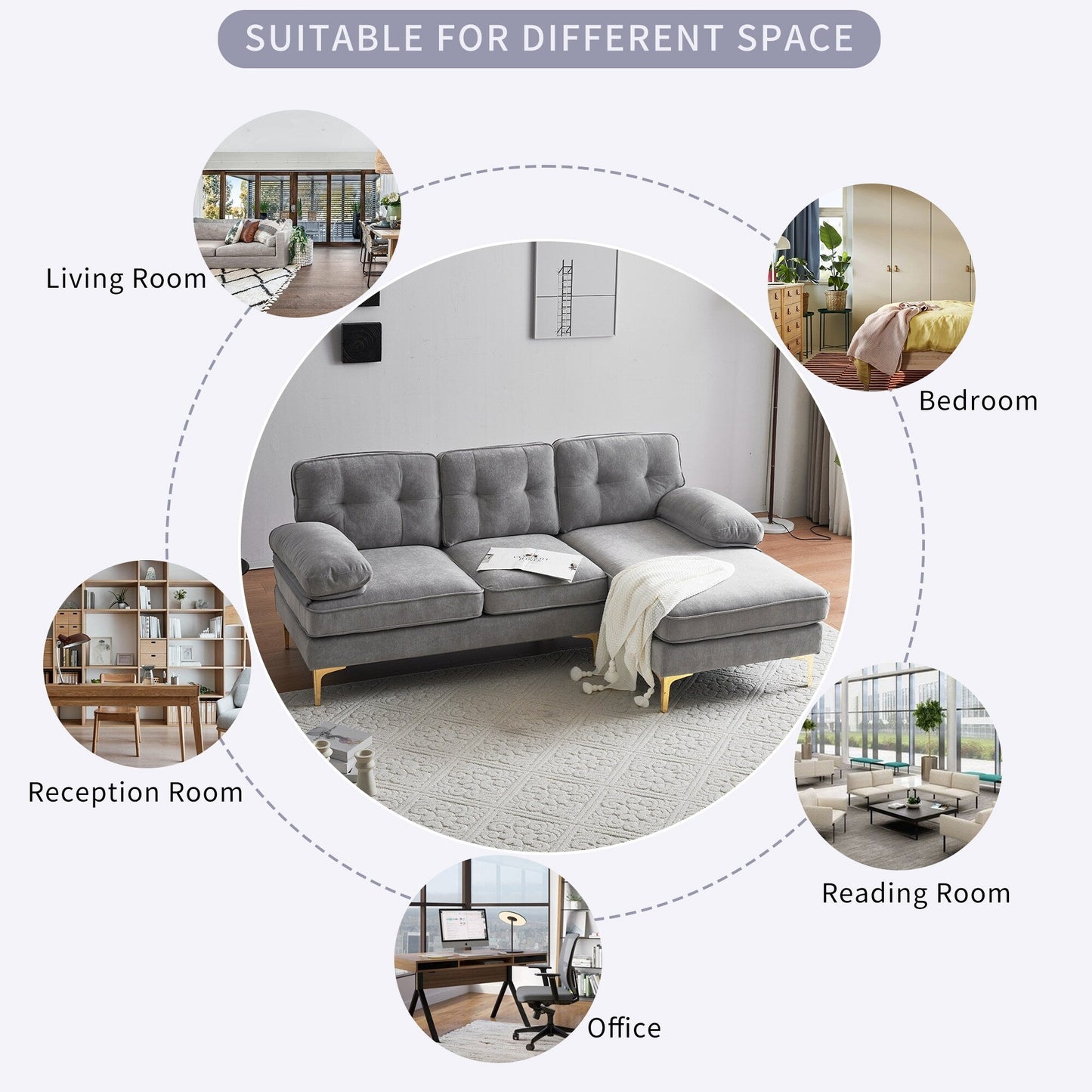 Divano componibile moderno a L in velluto con gambe in metallo e ampio schienale per soggiorno e camera da letto