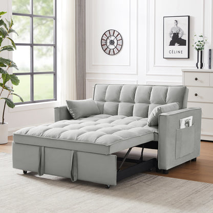 Divano futon moderno in velluto con letto estraibile, piccolo divano a due posti con schienale reclinabile e cuscini decorativi