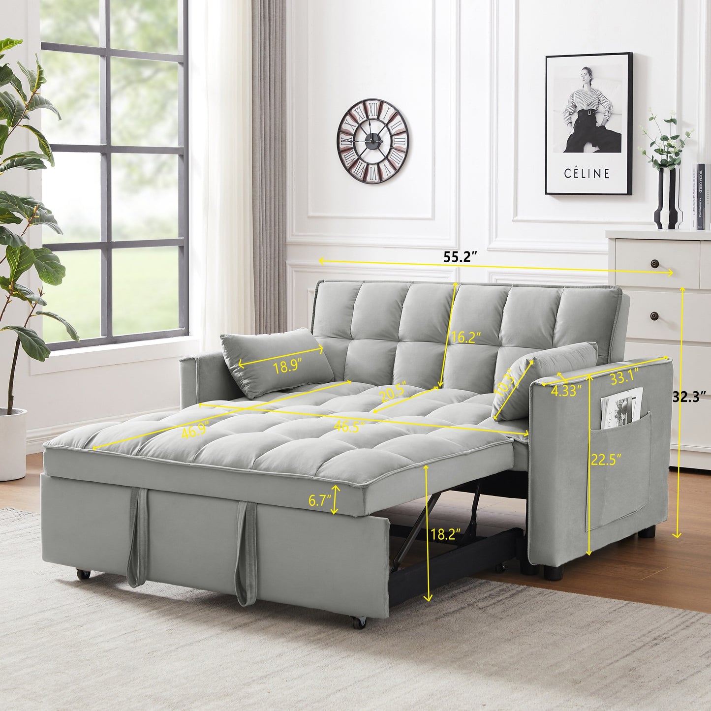 Divano futon moderno in velluto con letto estraibile, piccolo divano a due posti con schienale reclinabile e cuscini decorativi