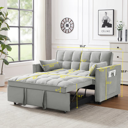Divano futon moderno in velluto con letto estraibile, piccolo divano a due posti con schienale reclinabile e cuscini decorativi
