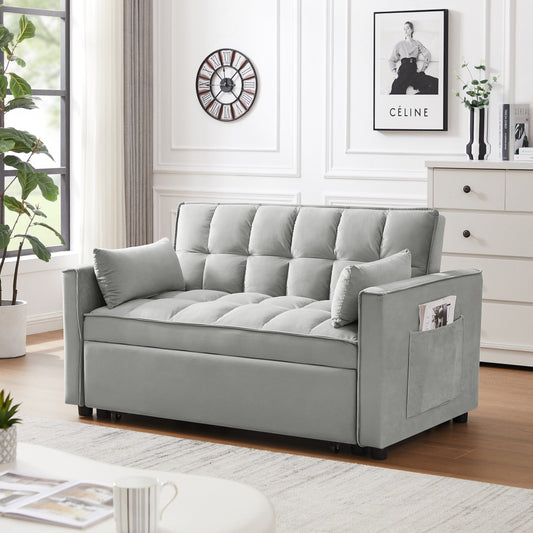 Divano futon moderno in velluto con letto estraibile, piccolo divano a due posti con schienale reclinabile e cuscini decorativi