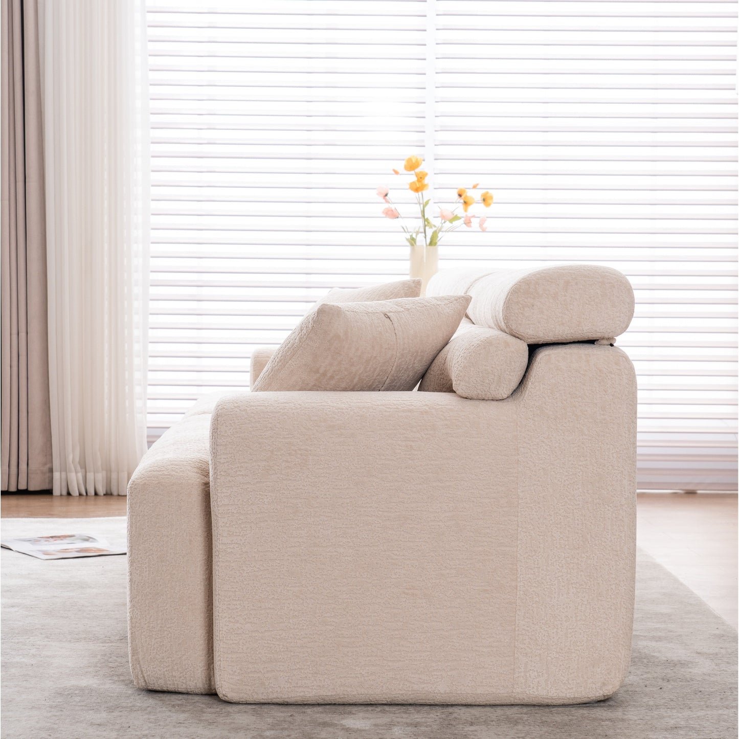 Divano componibile modulare moderno a 4 posti in ciniglia effetto legno con 2 cuscini per soggiorno e appartamento