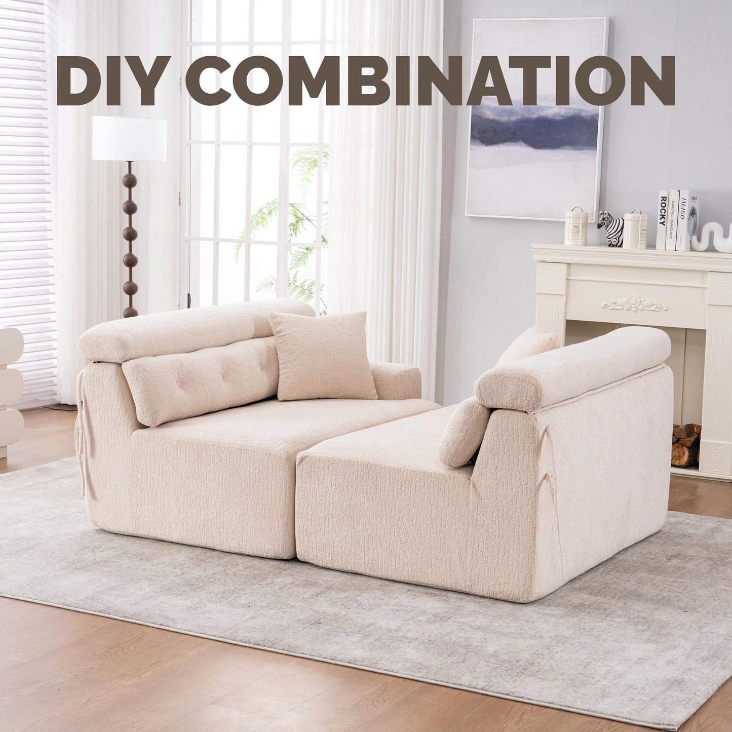 Divano componibile modulare moderno a 4 posti in ciniglia effetto legno con 2 cuscini per soggiorno e appartamento