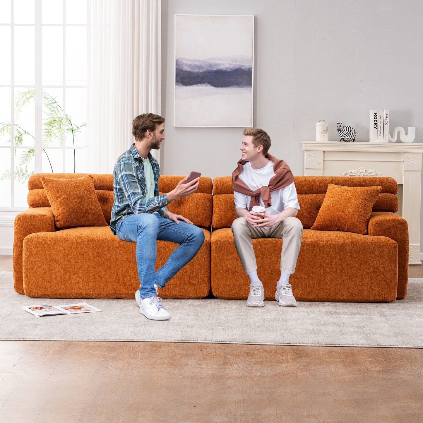 Divano componibile modulare moderno a 4 posti in ciniglia effetto legno con 2 cuscini per soggiorno e appartamento