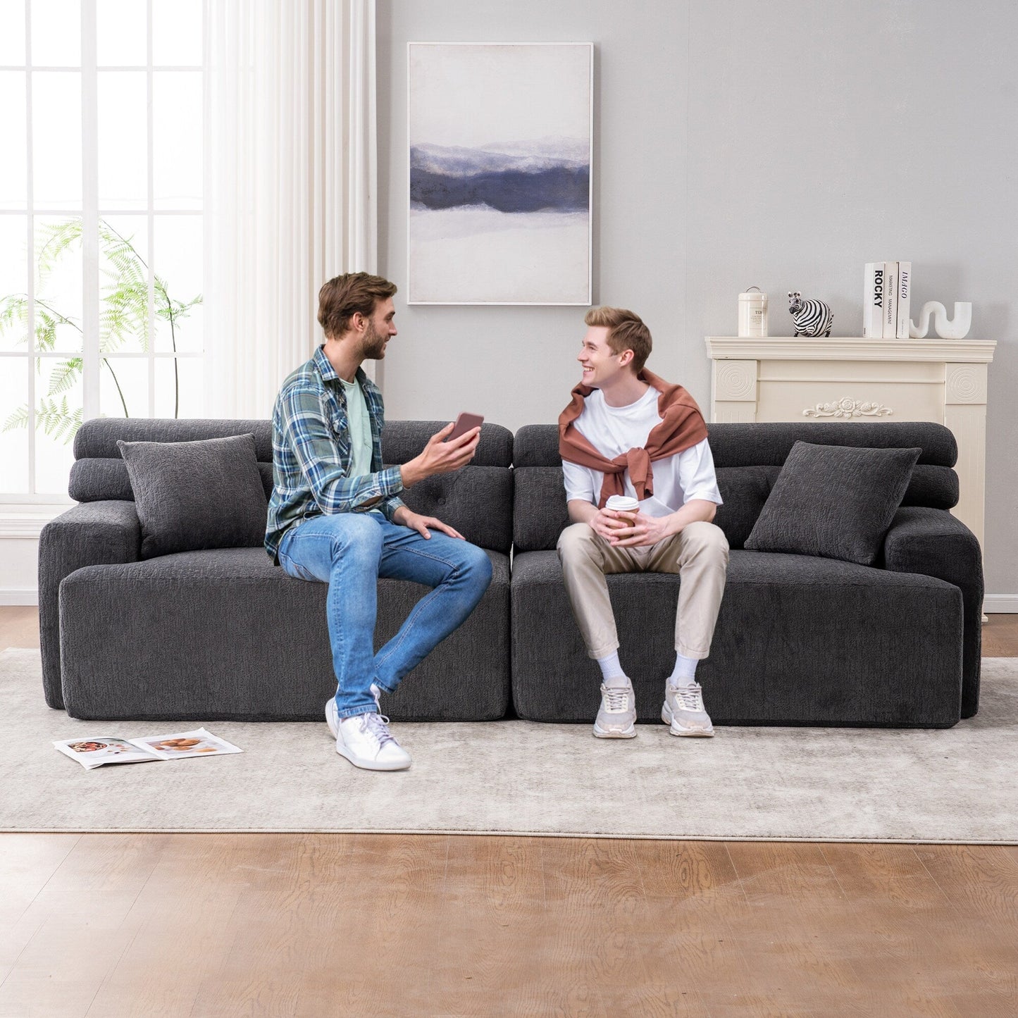 Divano componibile modulare moderno a 4 posti in ciniglia effetto legno con 2 cuscini per soggiorno e appartamento