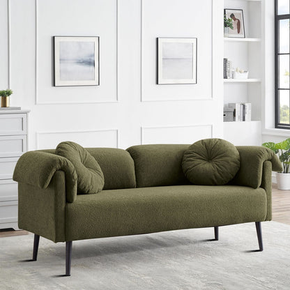 Divano moderno e minimalista con cuscini e braccioli imbottiti, gambe in metallo