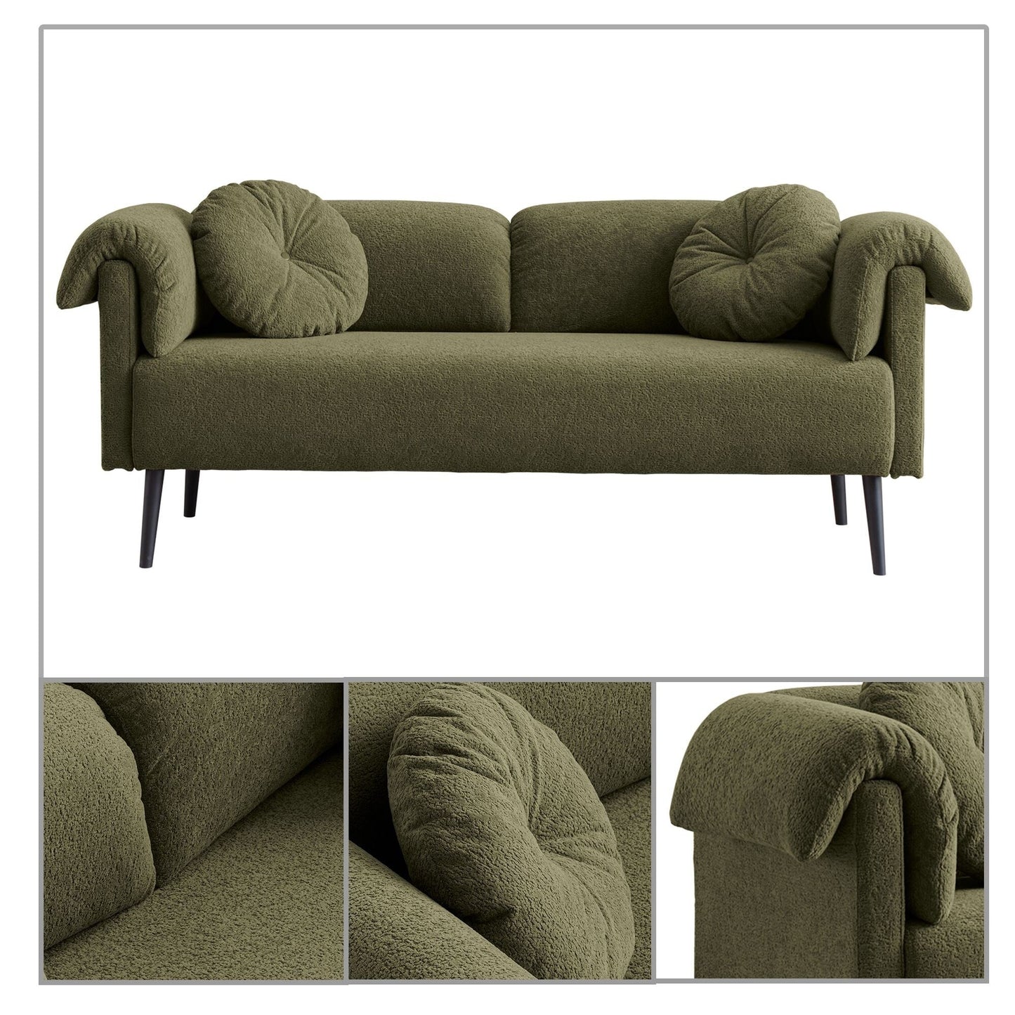 Divano moderno e minimalista con cuscini e braccioli imbottiti, gambe in metallo