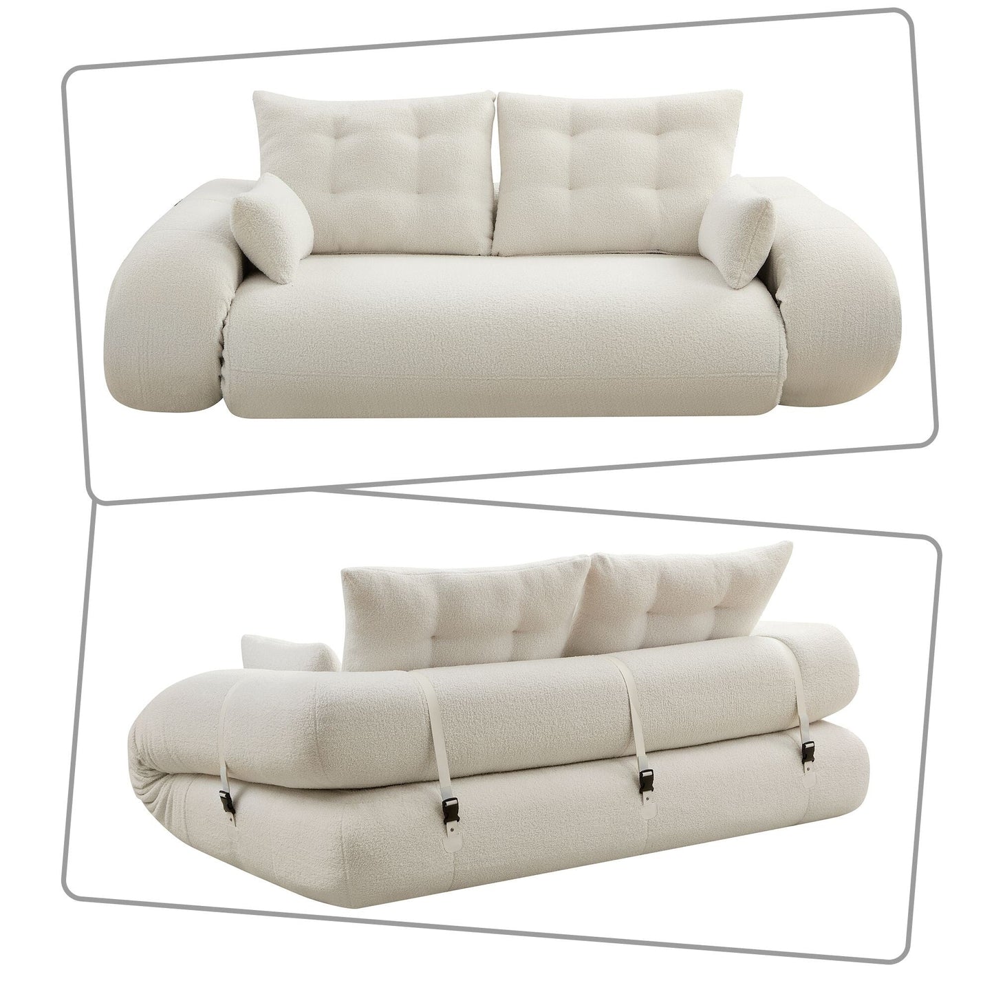 Divano letto trasformabile moderno e pratico, senza telaio, con cuscini e cuscini lombari, imbottitura in schiuma ad alta resilienza.