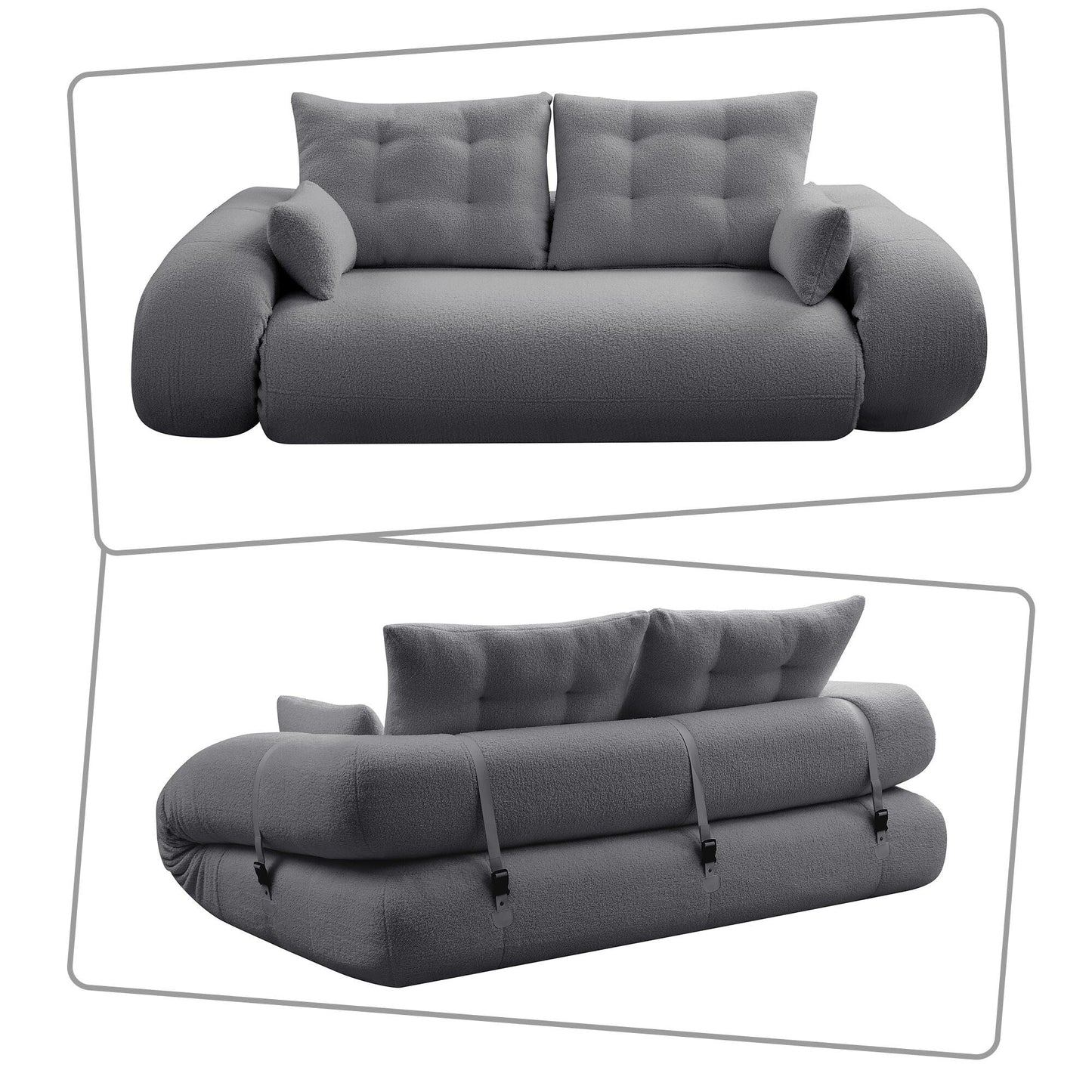 Divano letto trasformabile moderno e pratico, senza telaio, con cuscini e cuscini lombari, imbottitura in schiuma ad alta resilienza.