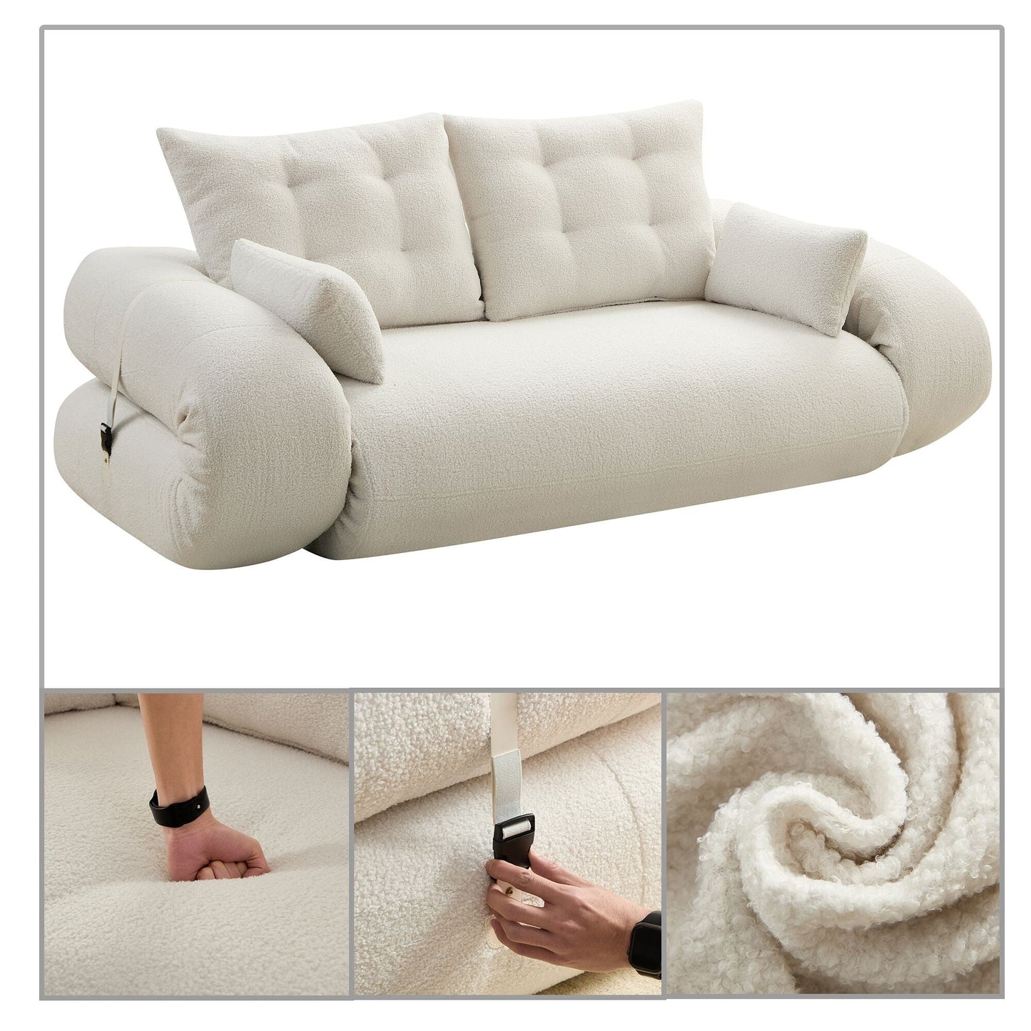 Divano letto trasformabile moderno e pratico, senza telaio, con cuscini e cuscini lombari, imbottitura in schiuma ad alta resilienza.