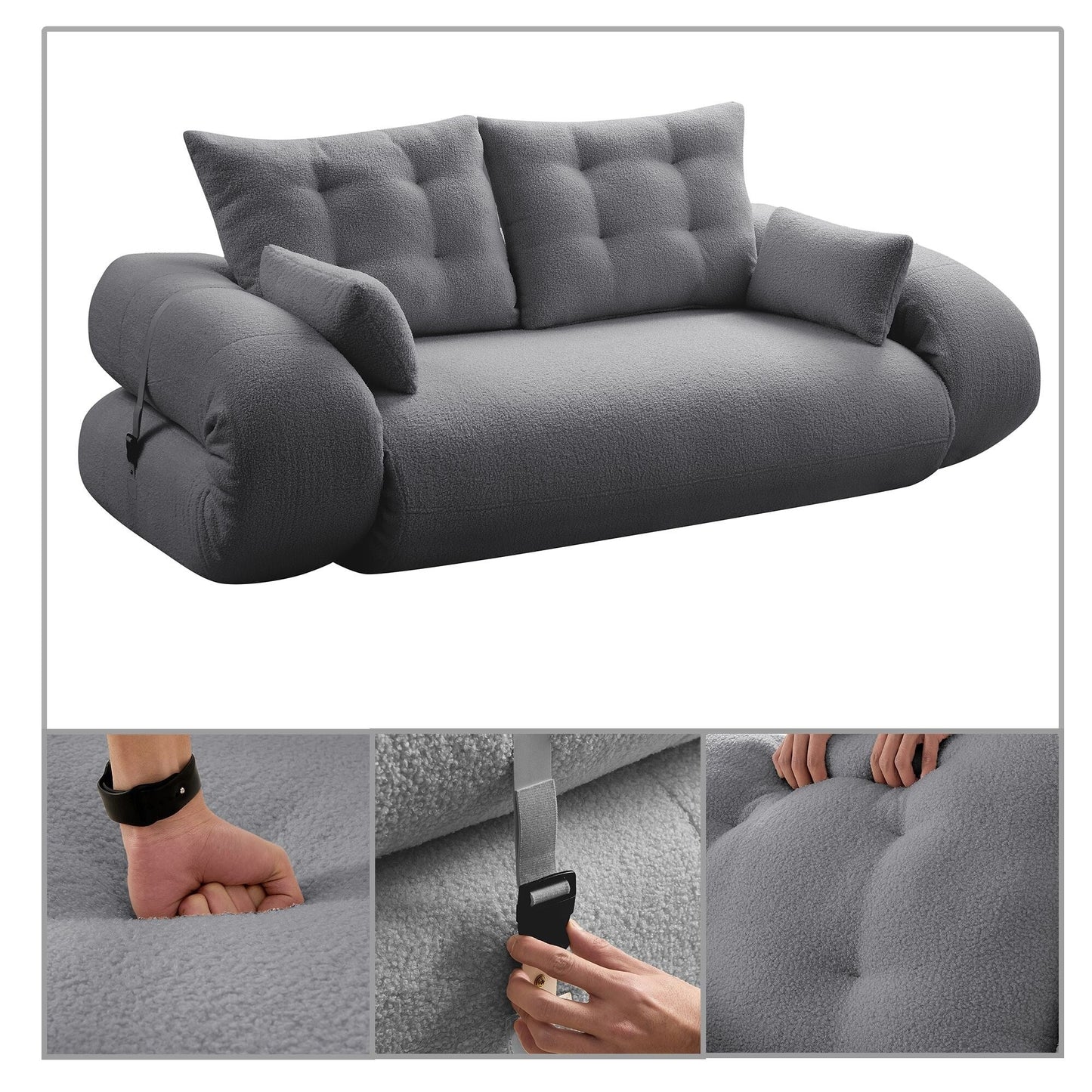 Divano letto trasformabile moderno e pratico, senza telaio, con cuscini e cuscini lombari, imbottitura in schiuma ad alta resilienza.