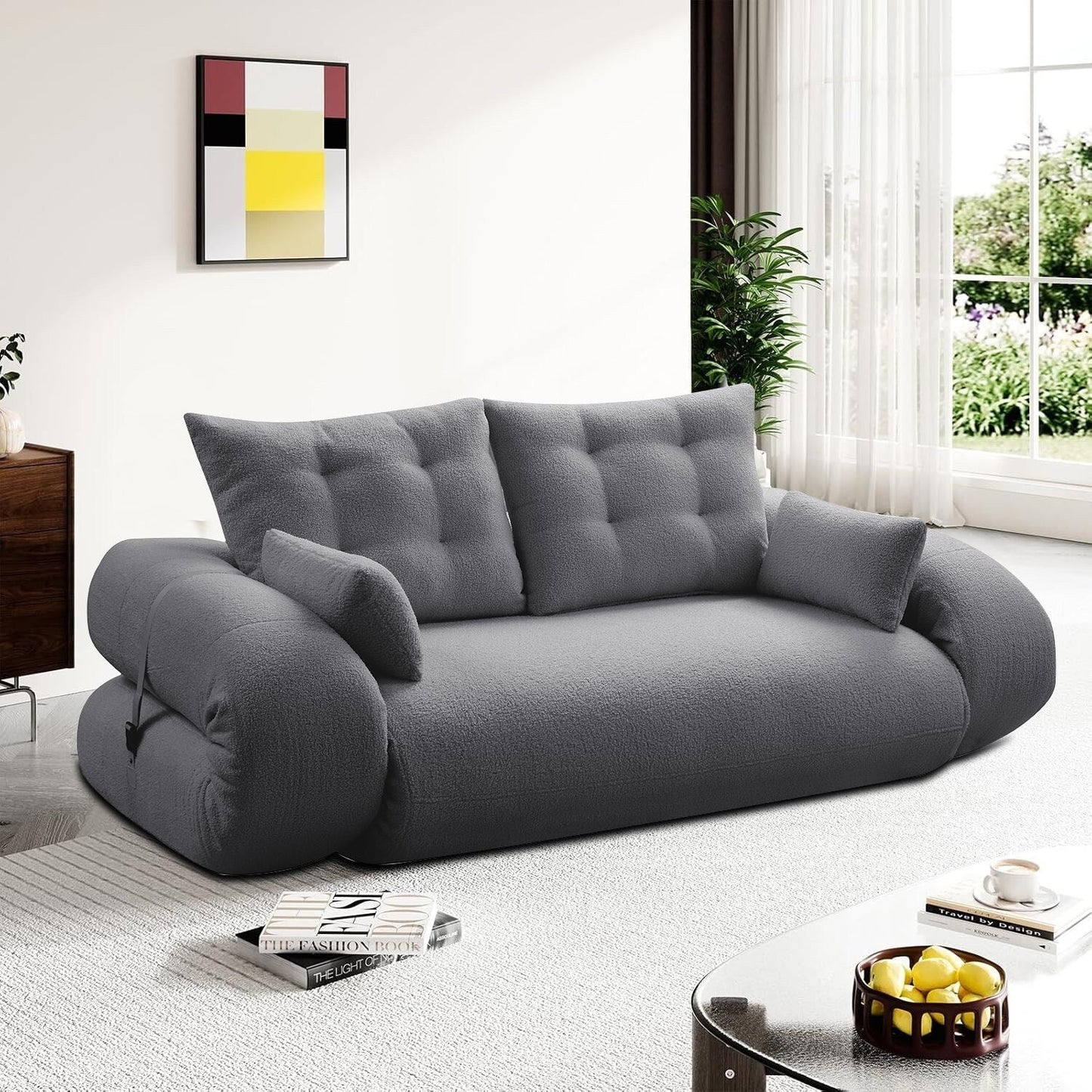 Divano letto trasformabile moderno e pratico, senza telaio, con cuscini e cuscini lombari, imbottitura in schiuma ad alta resilienza.