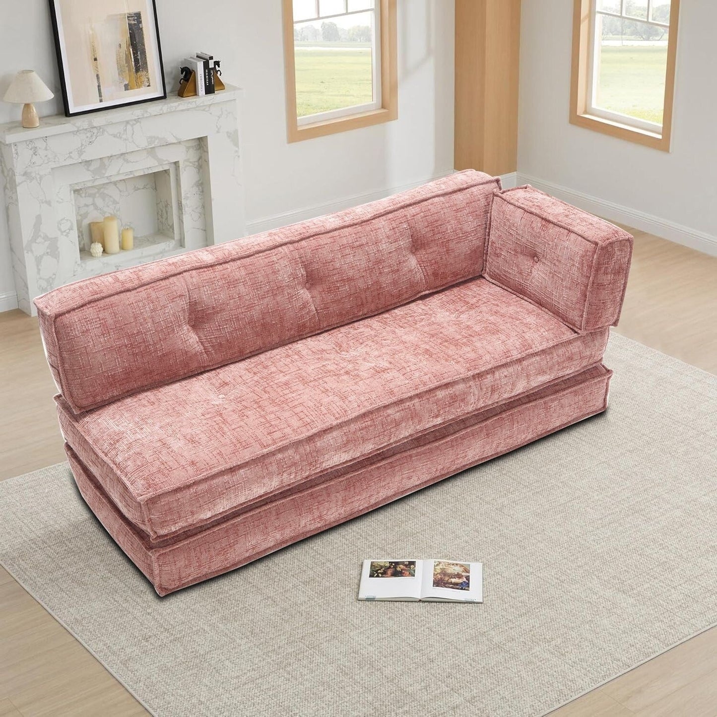 Divano senza struttura in stile moderno con tasche laterali portaoggetti e imbottitura in schiuma ad alta resilienza, tessuto ciniglia