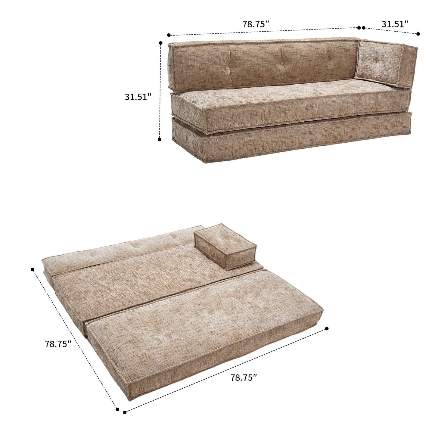 Divano senza struttura in stile moderno con tasche laterali portaoggetti e imbottitura in schiuma ad alta resilienza, tessuto ciniglia