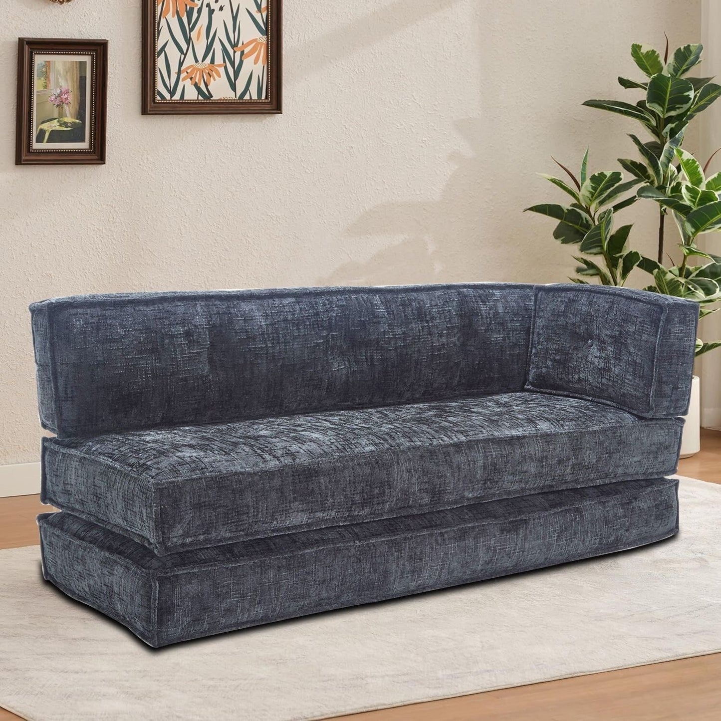 Divano senza struttura in stile moderno con tasche laterali portaoggetti e imbottitura in schiuma ad alta resilienza, tessuto ciniglia