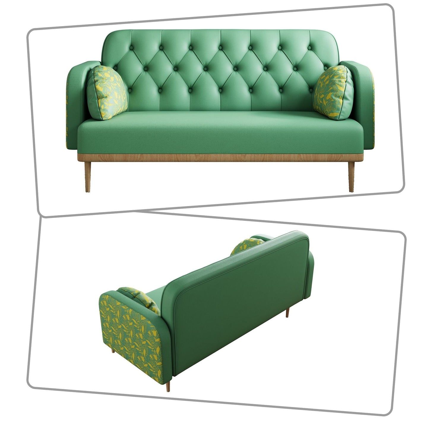 Divano a due posti in stile moderno con gambe in legno e cuscini a forma di gnocco, braccioli decorati