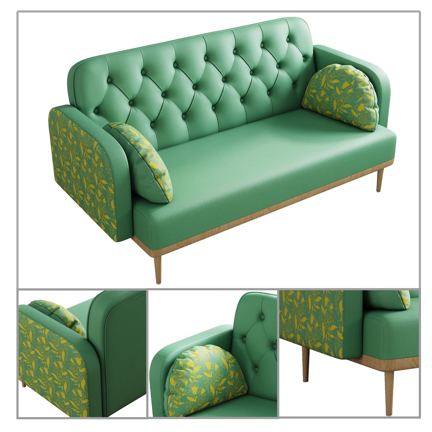 Divano a due posti in stile moderno con gambe in legno e cuscini a forma di gnocco, braccioli decorati