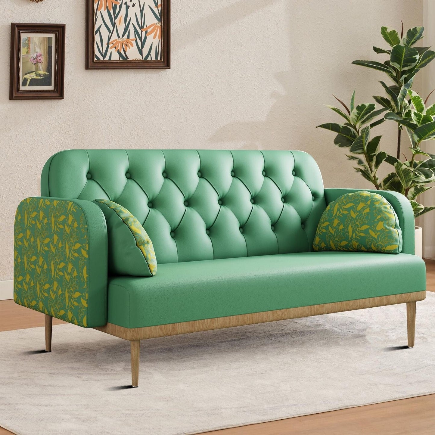 Divano a due posti in stile moderno con gambe in legno e cuscini a forma di gnocco, braccioli decorati