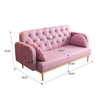 Divano a due posti in stile moderno con gambe in legno e cuscini a forma di gnocco, braccioli decorati