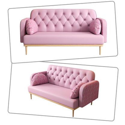 Divano a due posti in stile moderno con gambe in legno e cuscini a forma di gnocco, braccioli decorati