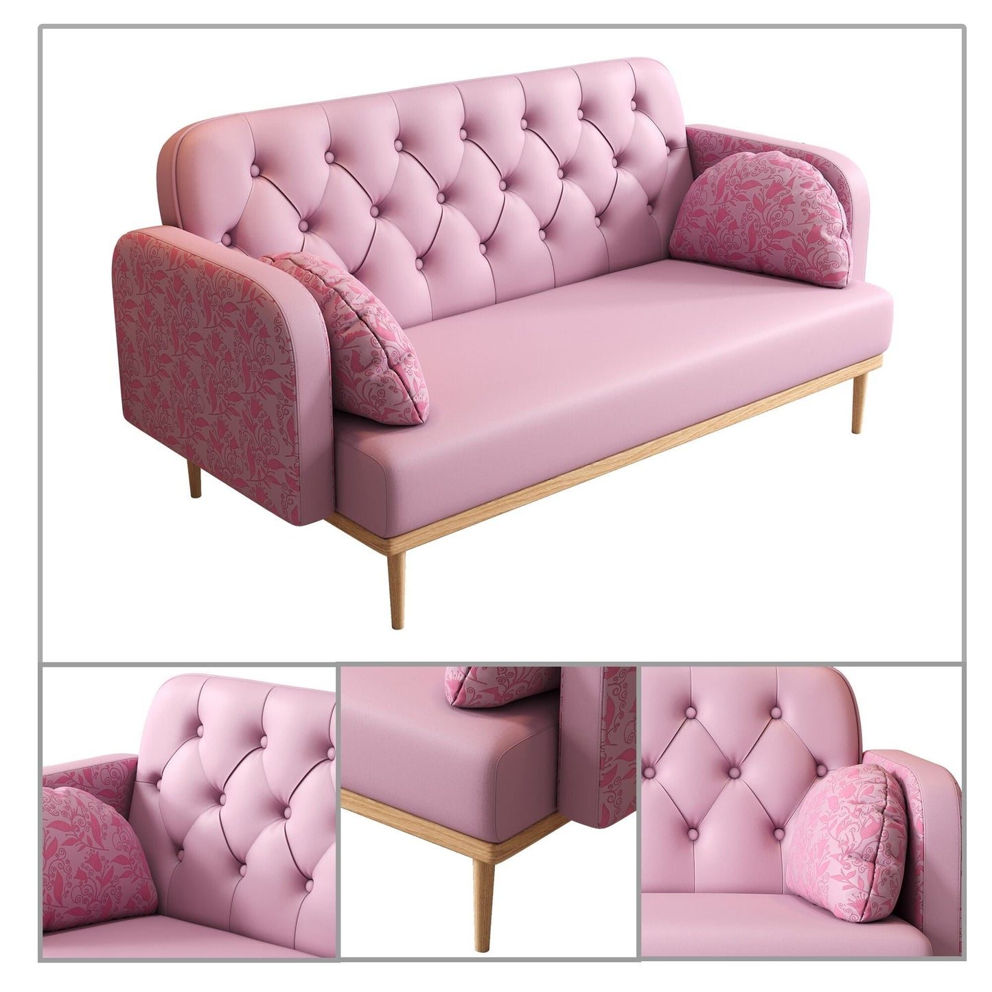 Divano a due posti in stile moderno con gambe in legno e cuscini a forma di gnocco, braccioli decorati