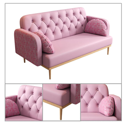 Divano a due posti in stile moderno con gambe in legno e cuscini a forma di gnocco, braccioli decorati