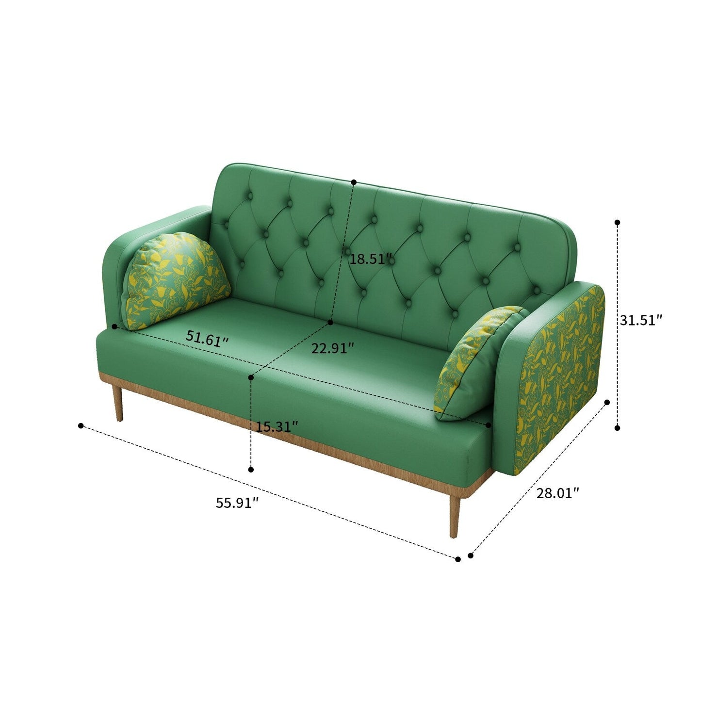Divano a due posti in stile moderno con gambe in legno e cuscini a forma di gnocco, braccioli decorati