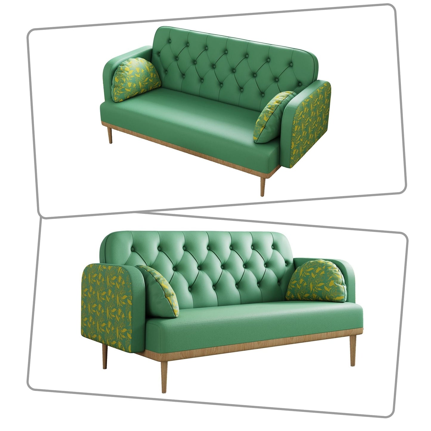 Divano a due posti in stile moderno con gambe in legno e cuscini a forma di gnocco, braccioli decorati