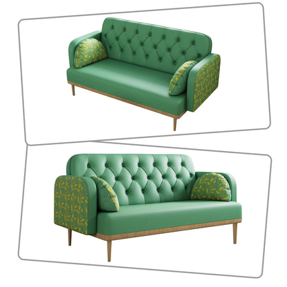 Divano a due posti in stile moderno con gambe in legno e cuscini a forma di gnocco, braccioli decorati