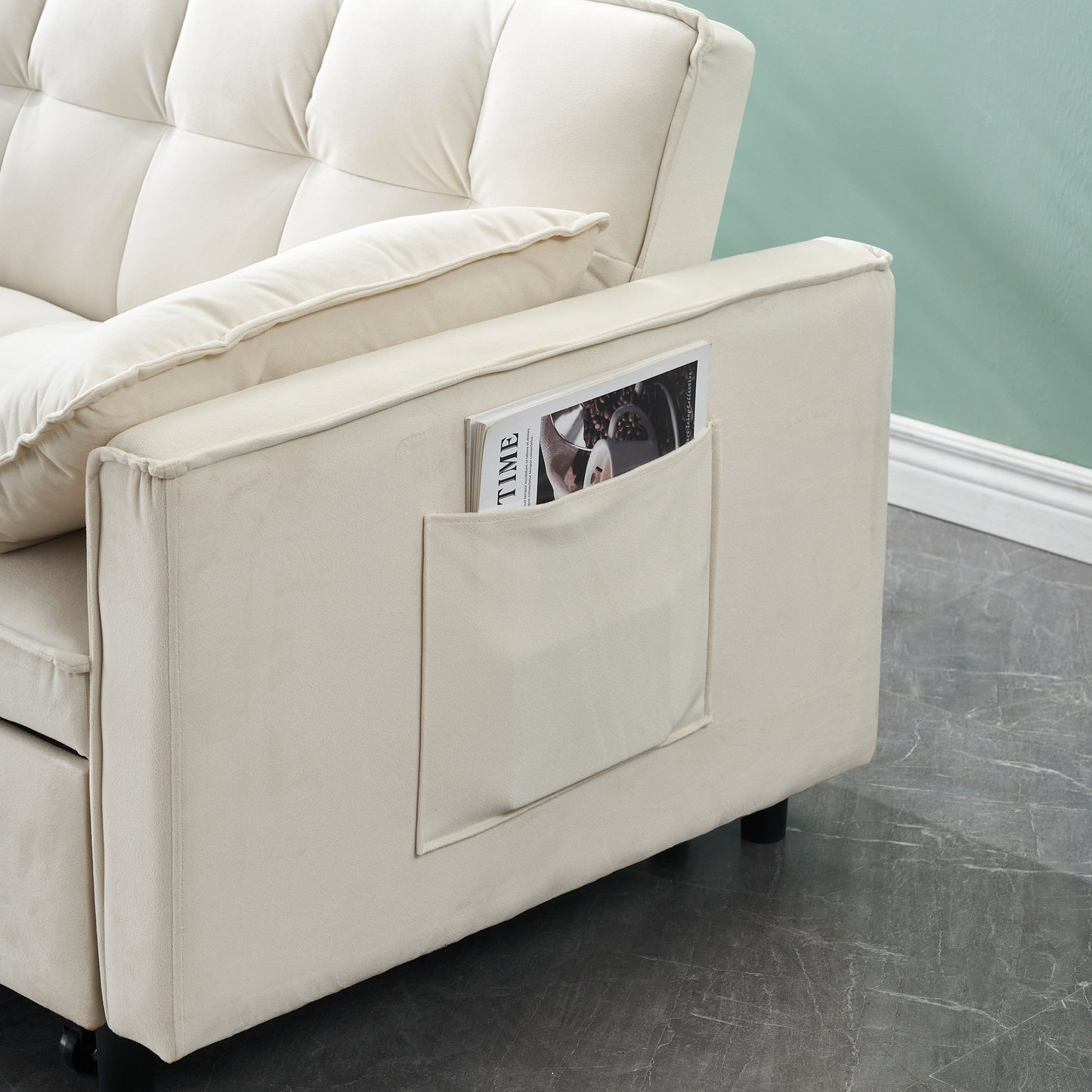 Divano moderno in velluto, divano letto estraibile, piccolo divano casual a due posti con schienale, tasche, divano letto trasformabile 3 in 1.