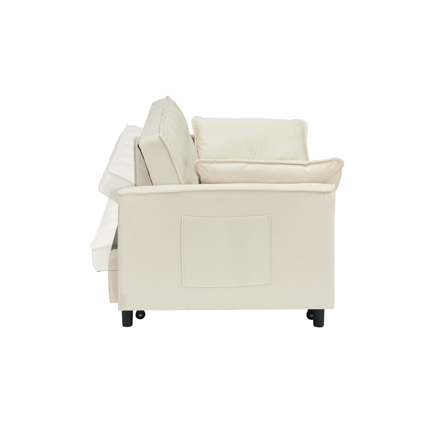 Divano moderno in velluto, divano letto estraibile, divano casual con schienale, con cuscino, tasche, divano letto trasformabile 3 in 1