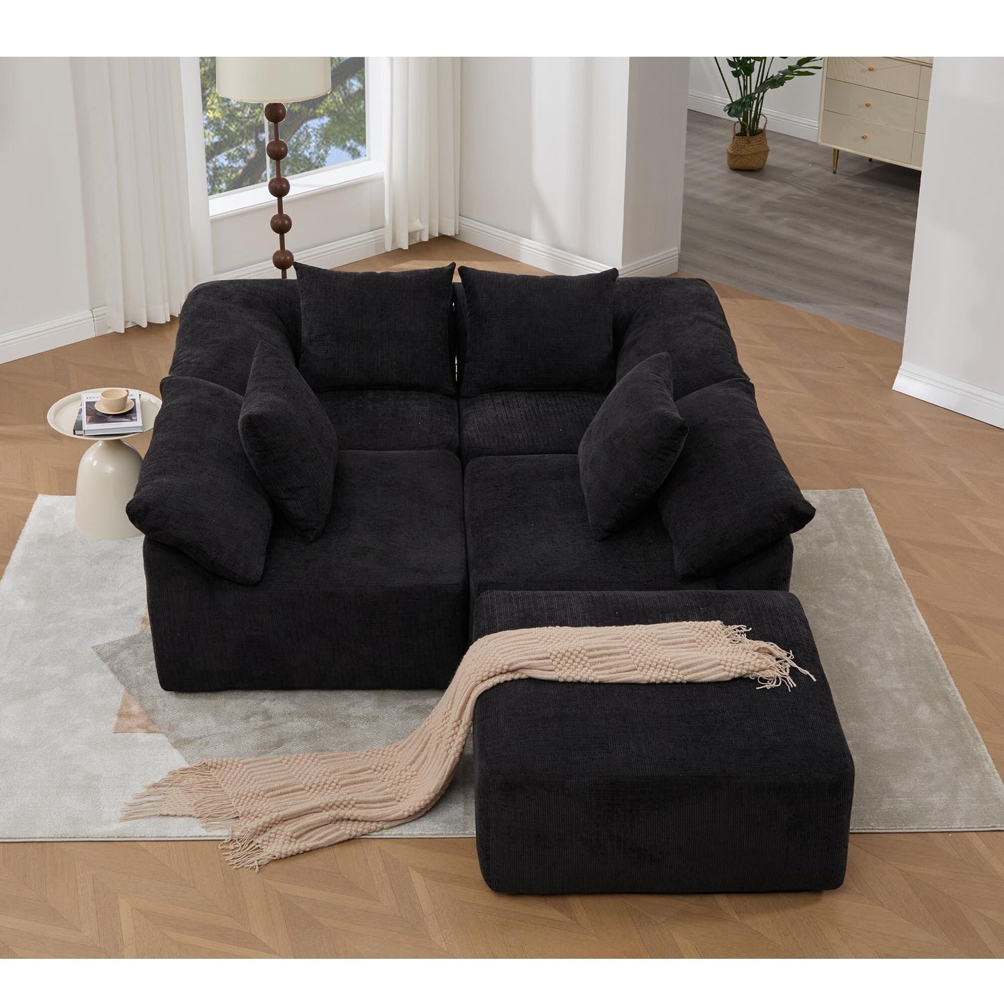 Divano componibile modulare a 5 pezzi, divano letto trasformabile con pouf e cuscini per soggiorno