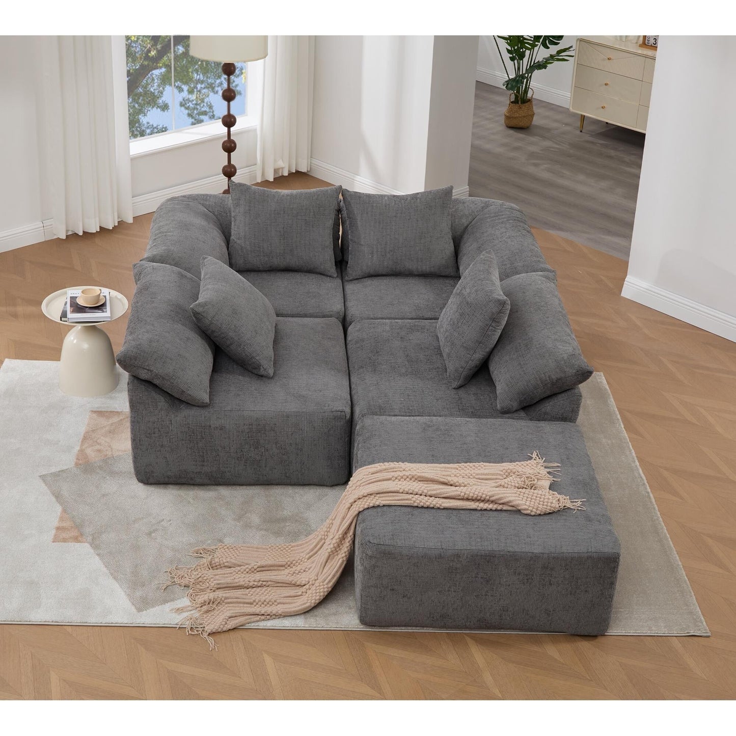 Divano componibile modulare a 5 pezzi, divano letto trasformabile con pouf e cuscini per soggiorno