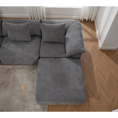 Divano componibile modulare a 5 pezzi, divano letto trasformabile con pouf e cuscini per soggiorno