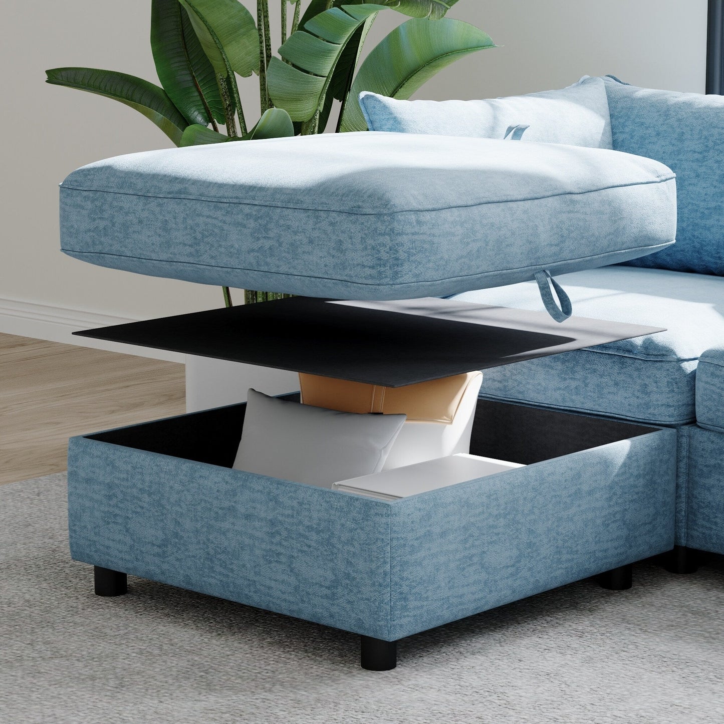 Divano componibile modulare in tessuto senza braccioli, con seduta trasformabile e spazio nascosto per il soggiorno