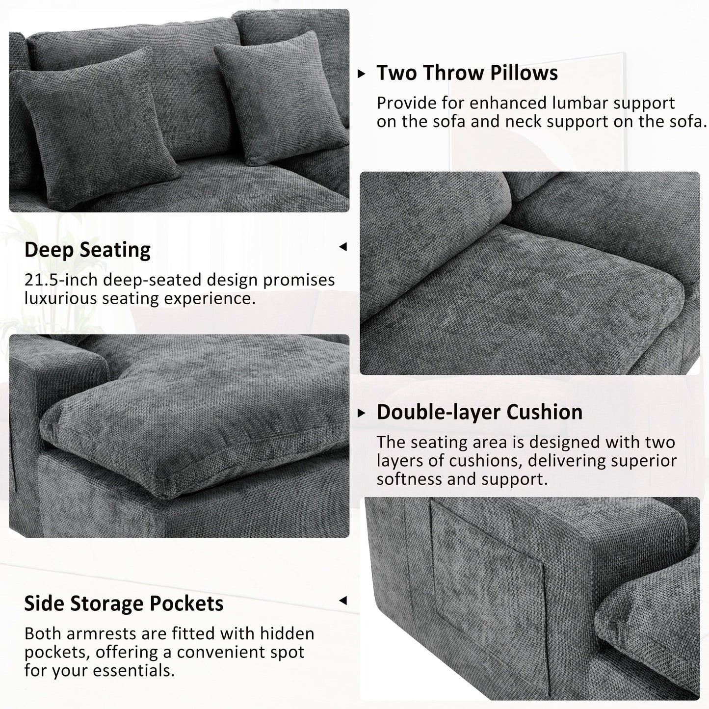 Divano componibile modulare Chenille Cloud con cuscini a doppio strato, contenitore laterale e cuscini coordinati per il soggiorno