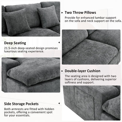 Divano componibile modulare Chenille Cloud con cuscini a doppio strato, contenitore laterale e cuscini coordinati per il soggiorno