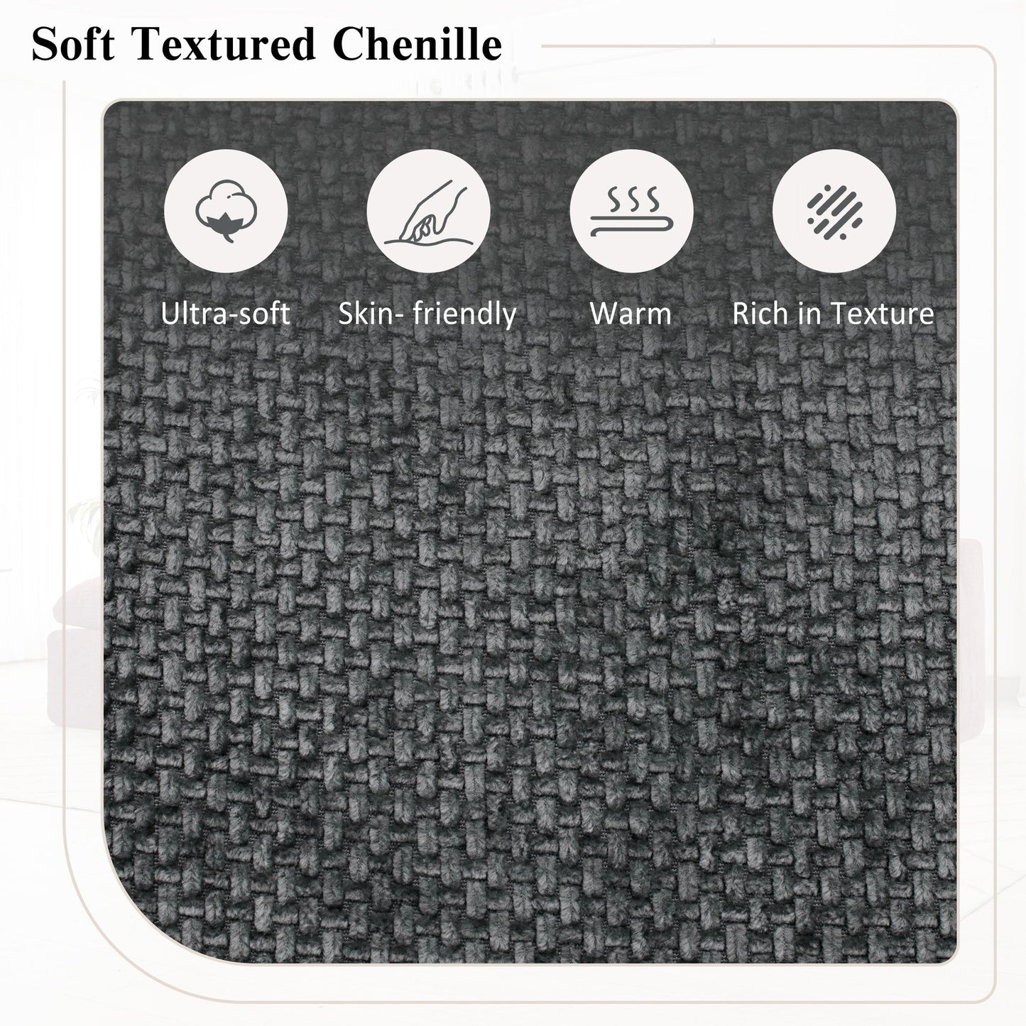 Divano componibile modulare Chenille Cloud con cuscini a doppio strato, contenitore laterale e cuscini coordinati per il soggiorno