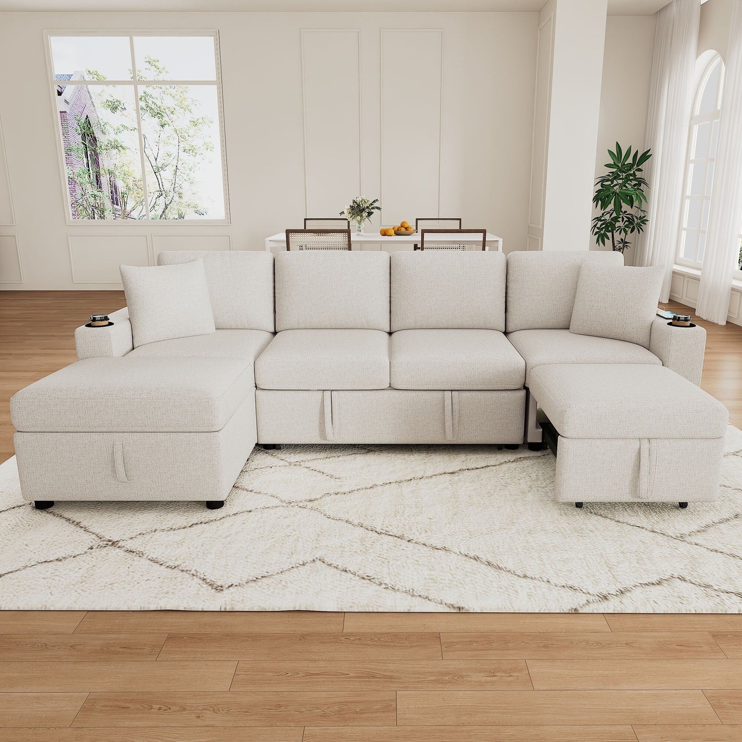 Divano letto modulare estraibile in ciniglia con pouf contenitore mobile e porte USB per soggiorno