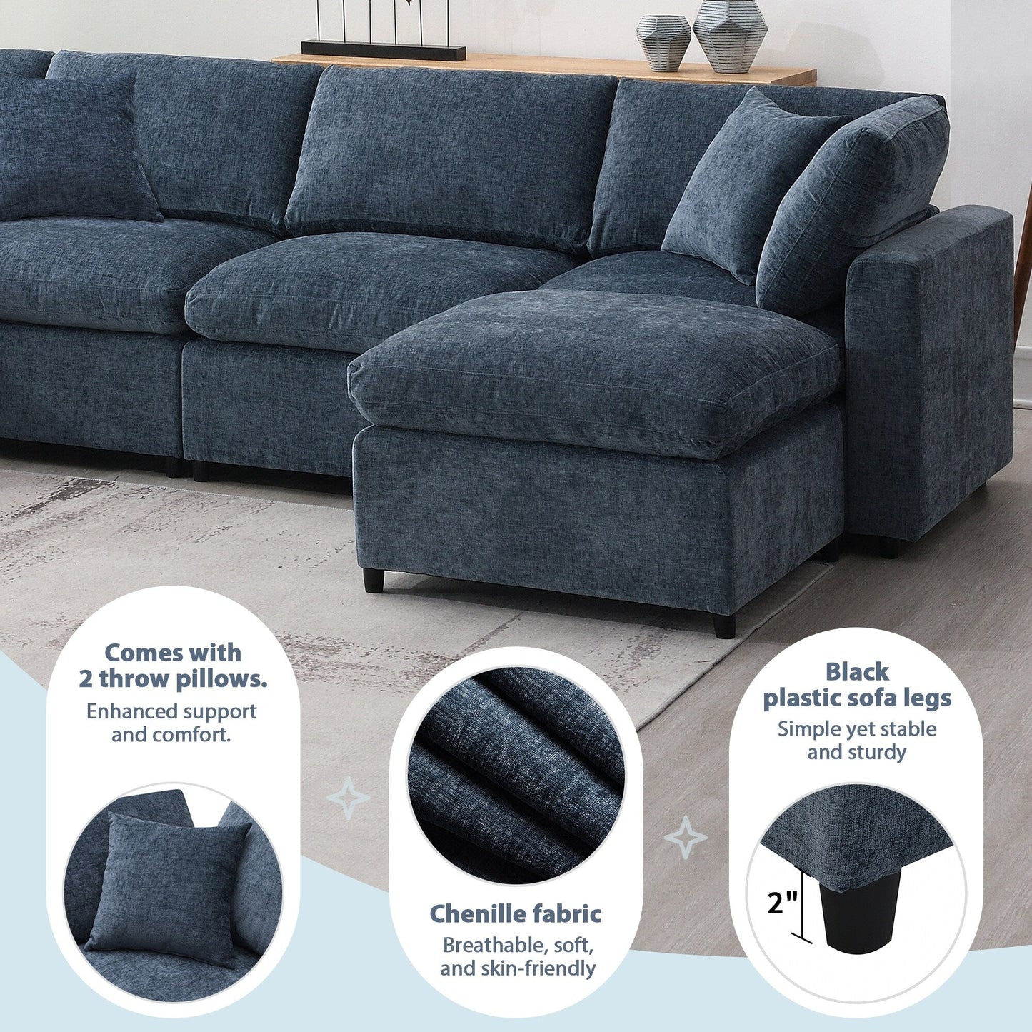 Divano letto modulare Cloud, set di divani componibili in ciniglia con pouf, combinazione libera, divano letto trasformabile a forma di U