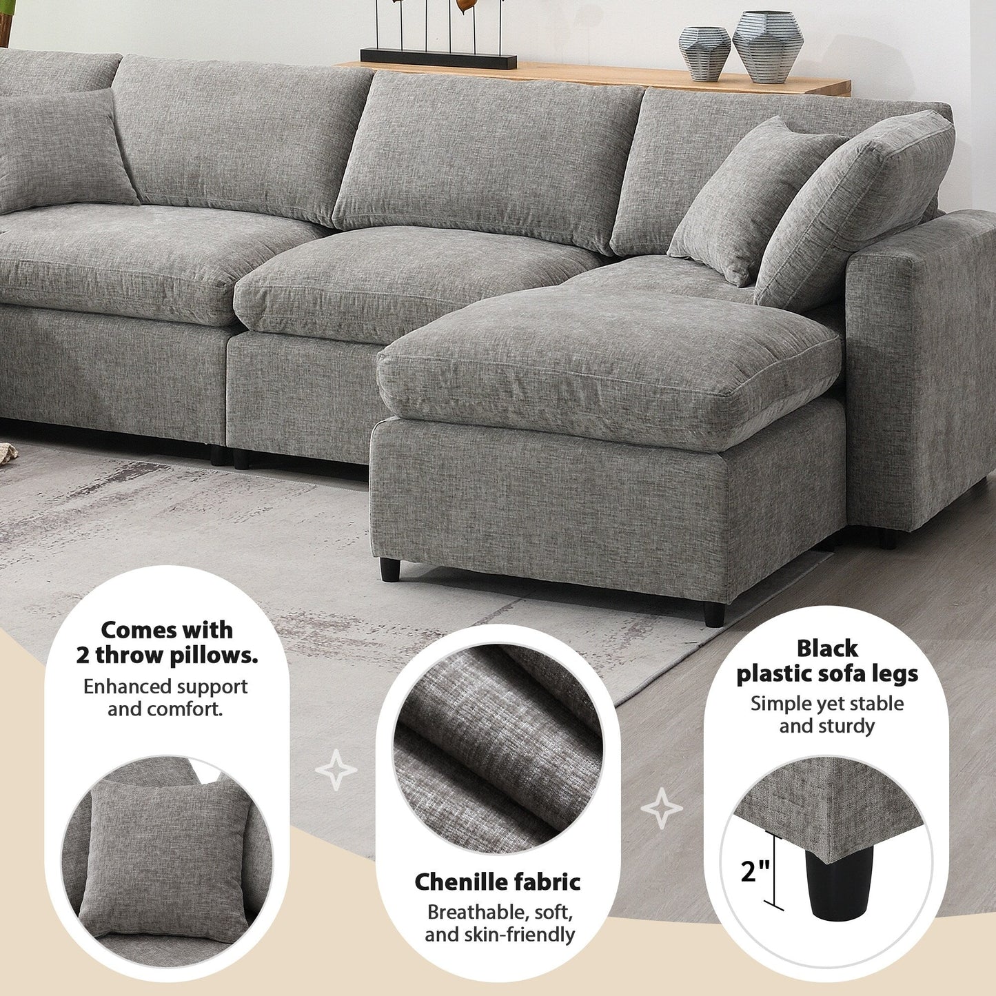Divano letto modulare Cloud, set di divani componibili in ciniglia con pouf, combinazione libera, divano letto trasformabile a forma di U