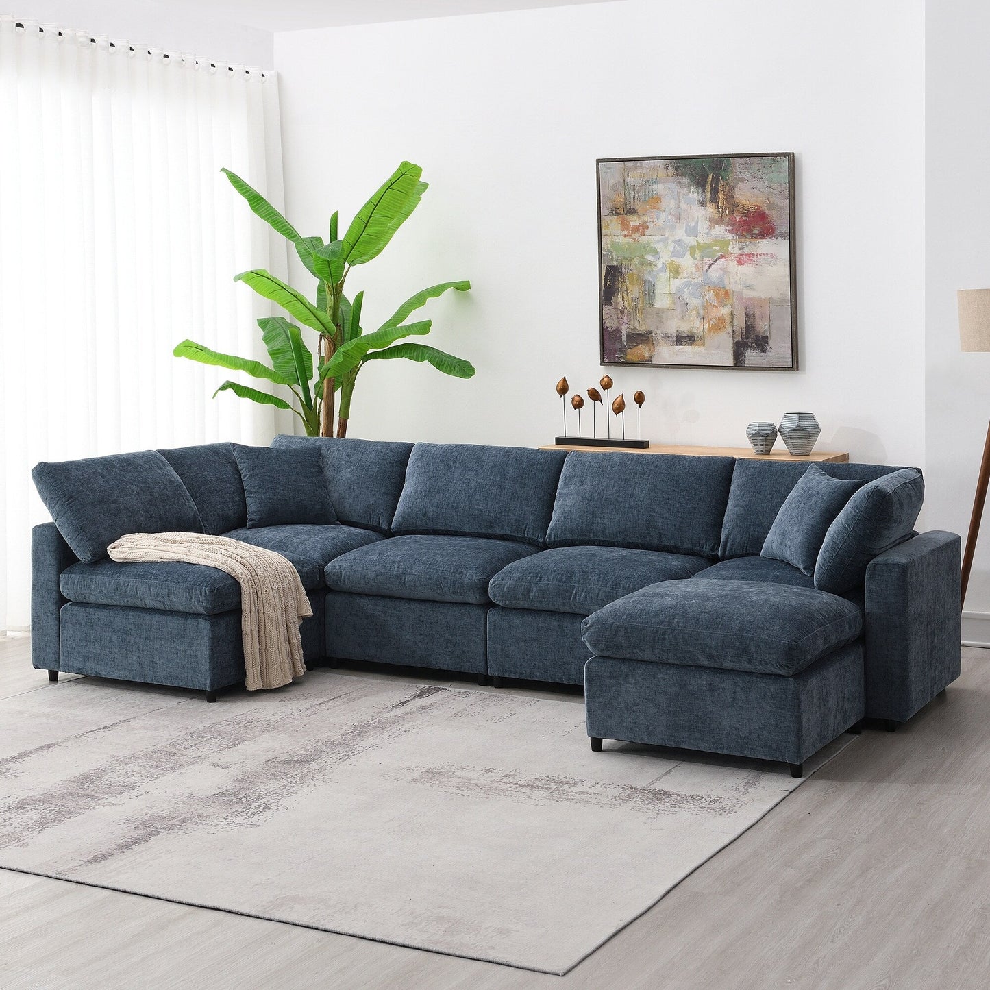 Divano letto modulare Cloud, set di divani componibili in ciniglia con pouf, combinazione libera, divano letto trasformabile a forma di U