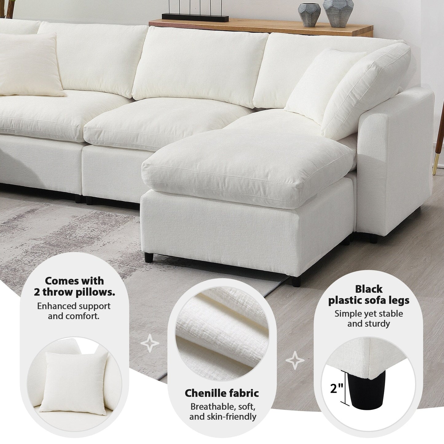 Divano letto modulare Cloud, set di divani componibili in ciniglia con pouf, combinazione libera, divano letto trasformabile a forma di U