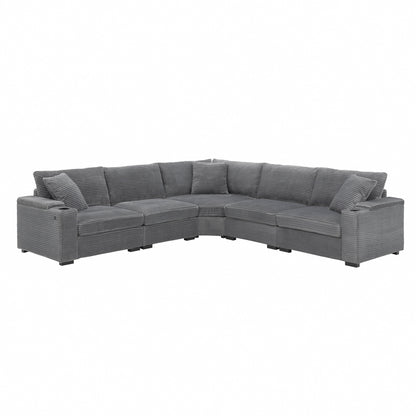 Divano componibile modulare a L in velluto a coste con braccioli portaoggetti, porte USB e portabicchieri per soggiorno e appartamento