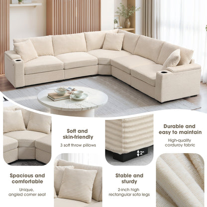 Divano componibile modulare a L in velluto a coste con braccioli portaoggetti, porte USB e portabicchieri per soggiorno e appartamento