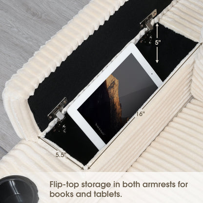 Divano componibile modulare a L in velluto a coste con braccioli portaoggetti, porte USB e portabicchieri per soggiorno e appartamento