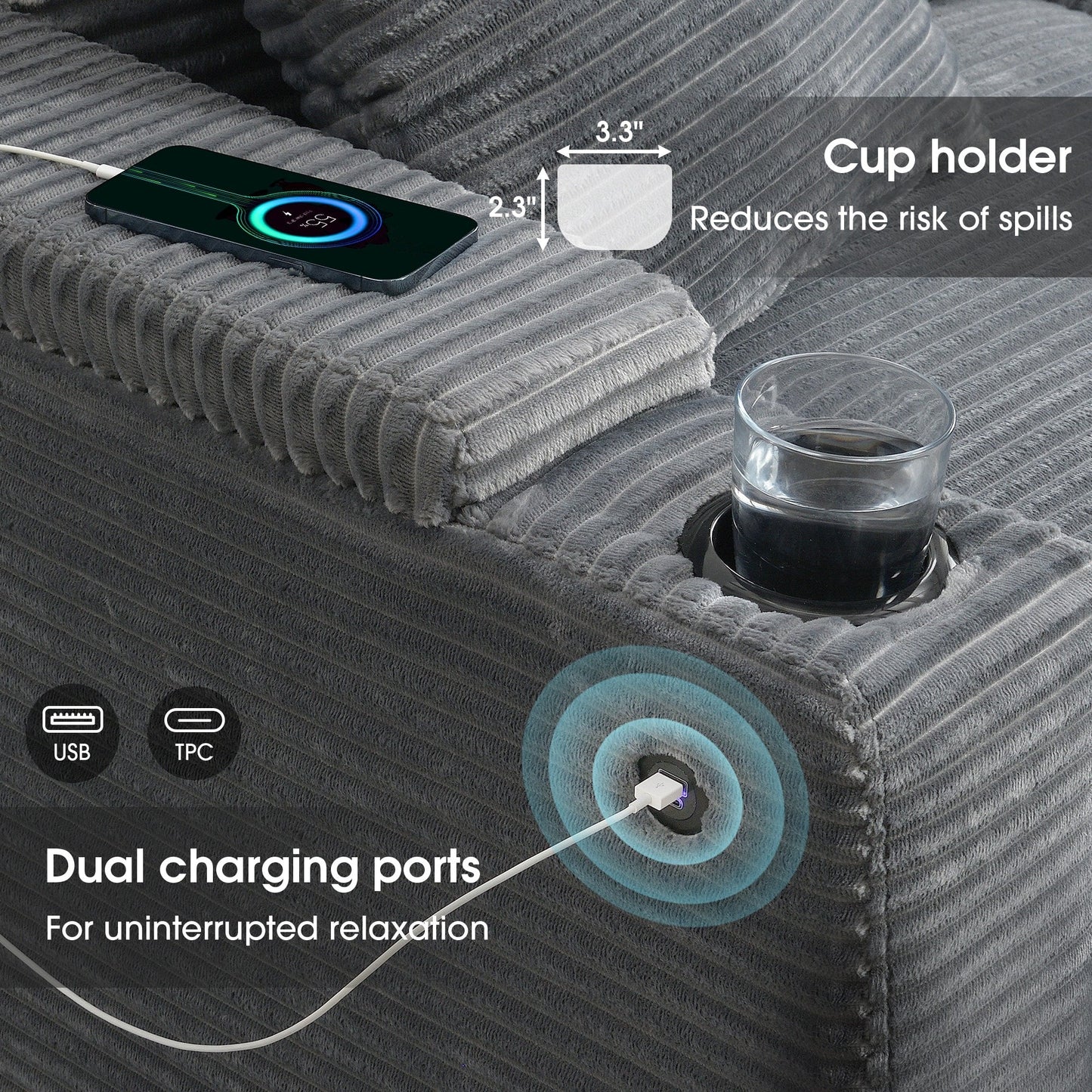 Divano componibile modulare a L in velluto a coste con braccioli portaoggetti, porte USB e portabicchieri per soggiorno e appartamento